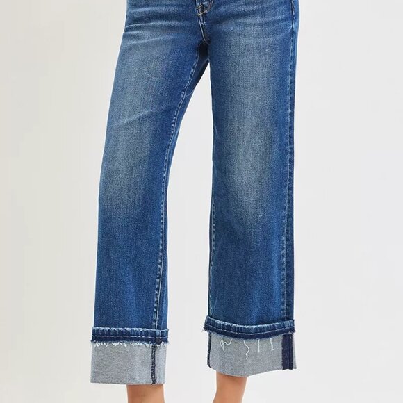 RISEN Mid Rise Ankle Straight Jeans with Cuffed Hem - Picture 2 of 6